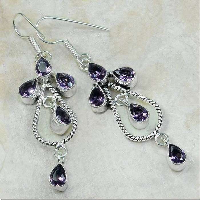 Purple Amethyst Pears set in .925 Sterling Silver Plated Chandelier Style Handmade Earrings