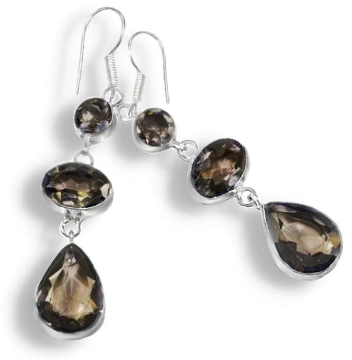 Exquisite Natural Brown Smoky Topaz Gemstone 925 Silver Dangle Earrings