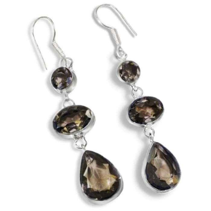 Exquisite Natural Brown Smoky Topaz Gemstone 925 Silver Dangle Earrings