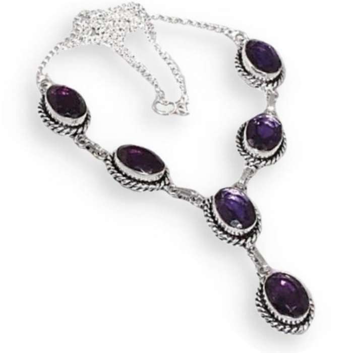 Purple Amethyst Ovals set in .925 Sterling Silver Plated Handmade Antique Style Necklace