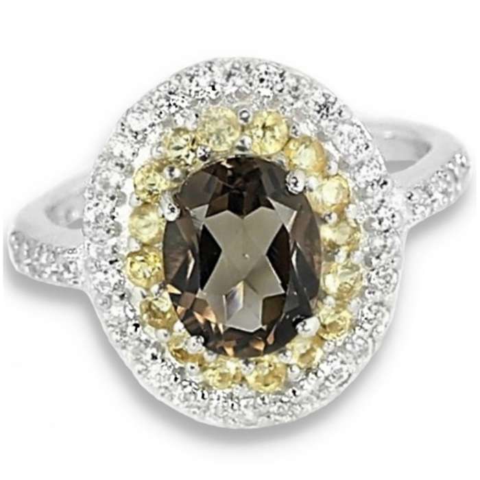 Deluxe Natural Smoky Topaz, Citrine, White Cz Solid .925 Sterling Silver 14K W/Gold Ring US 7.5/P