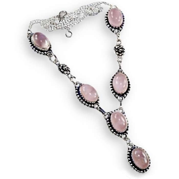 Natural Rose Quartz set in .925 Sterling Silver Plated Handmade Antique Style Rose Accent Necklace