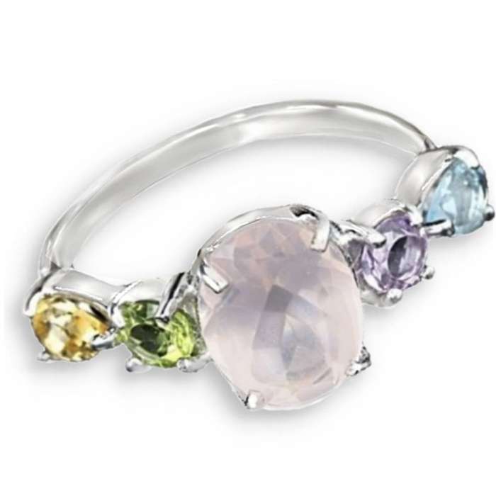 Earth Mined Genuine Stones Rose Quartz, Multi-Gems Solid .925 Sterling Silver Ring Size 6.75 /N1/2-O
