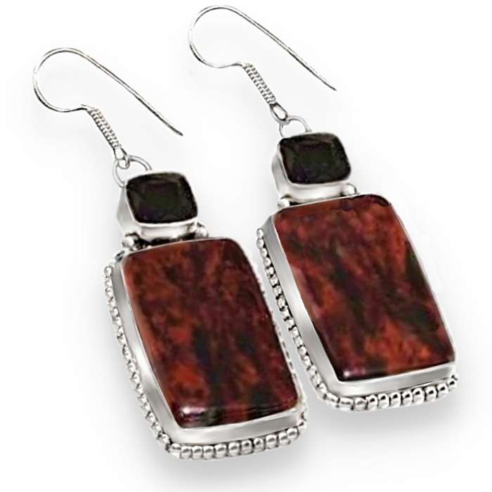Natural Mahogany Obsidian Gemstone set in .925 Sterling Silver Plated Handmade Earrings