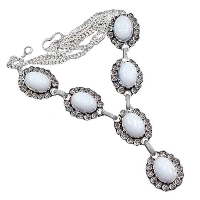Handmade White Jade Oval Gemstones .925 Sterling Silver Plated Necklace