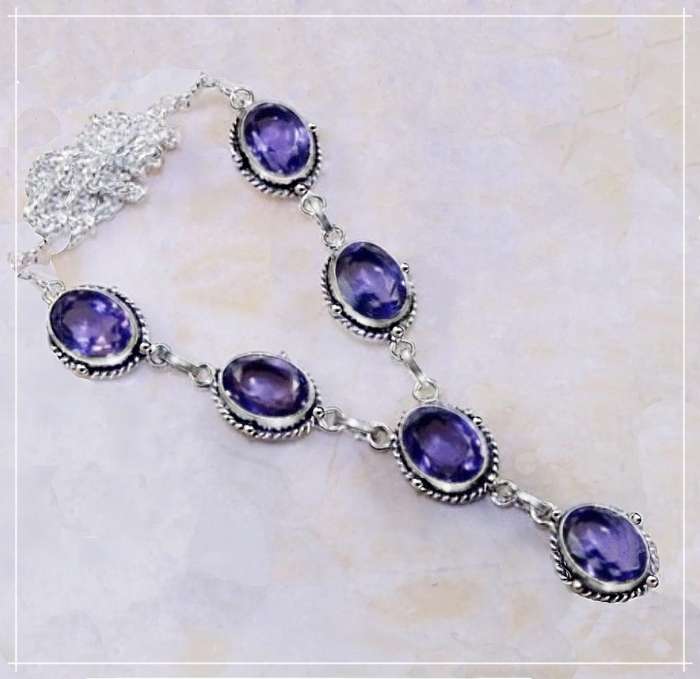 Purple Amethyst Ovals set in .925 Sterling Silver Plated Y Shape Antique Style Necklace