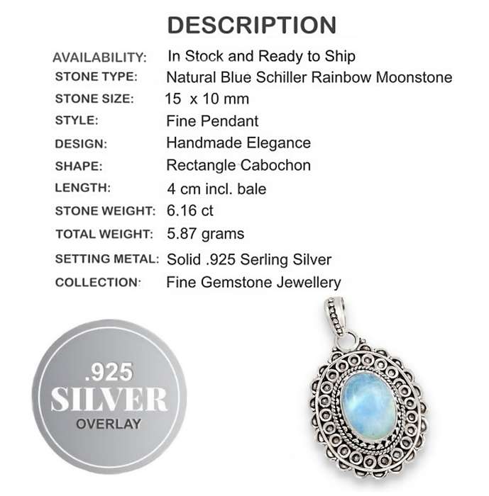 6.16 cts Natural Rainbow Moonstone Oval set in Antique Style Solid .925 Sterling Silver Pendant