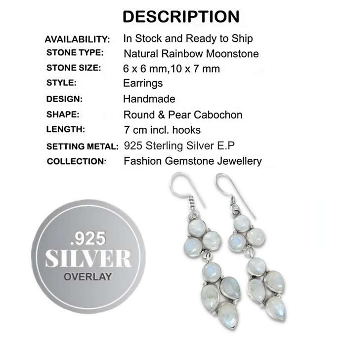 Gorgeous Natural Rainbow Moonstone Gemstone Long Dangle Silver Plated Handmade Earrings