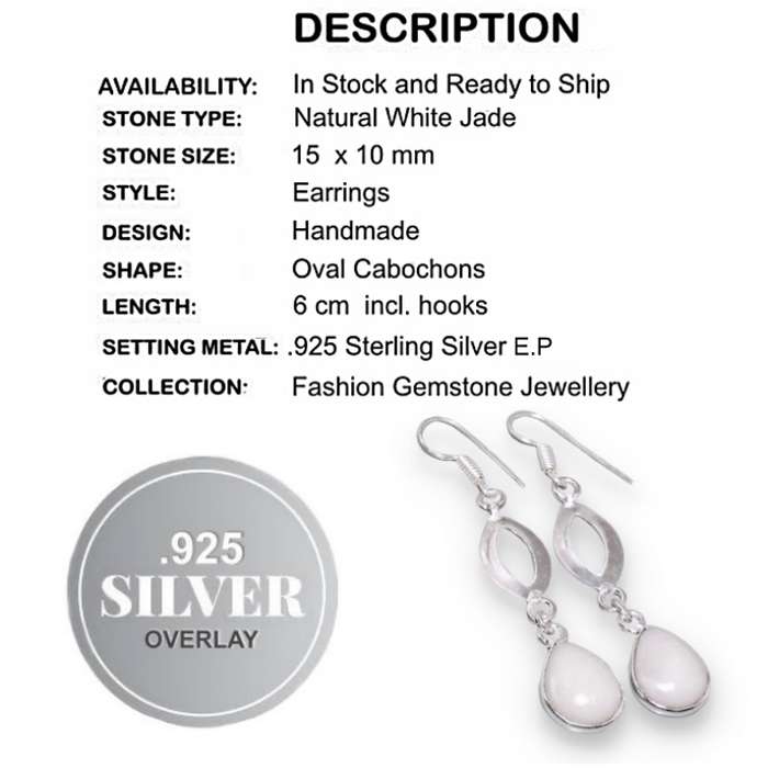 Trendy White Jade Pear Shape Gemstone set in. 925 Sterling Silver Plated Handmade Earrings