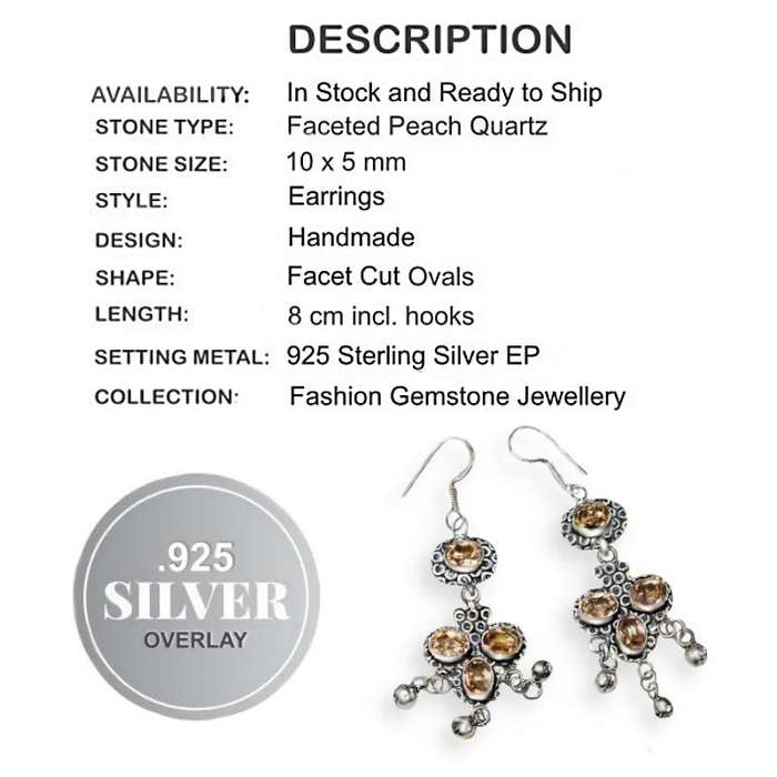 Handmade Faceted Peach Quartz Gemstone set in .925 Sterling Silver Plated Long Earrings
