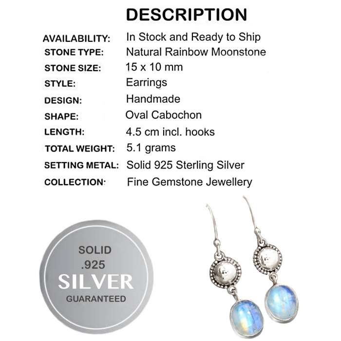 Natural Rainbow Moonstone Oval Gemstone set in Solid .925 Sterling Silver Earrings