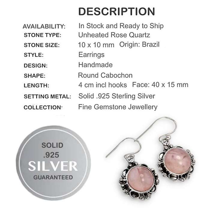 Natural Rose Quartz Round Gemstone set in Solid .925 Sterling Silver Dainty Earrings