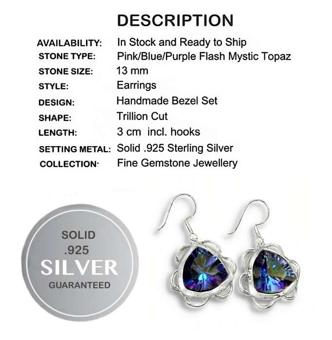 Trillion Cut Blue Purple Flash Mystic Rainbow Topaz In Solid 925 Sterling Silver Earrings