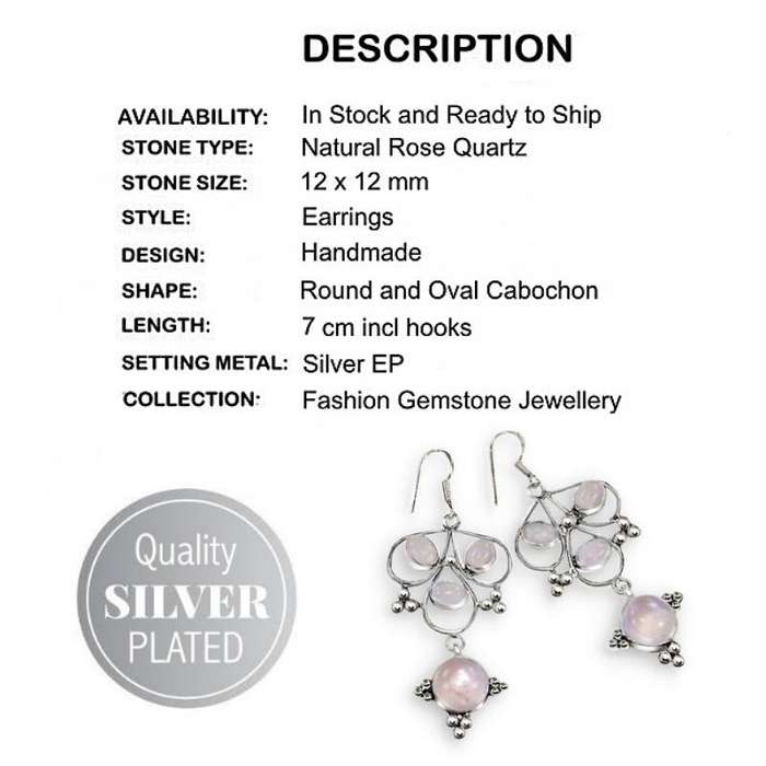 Indonesian - Bali Natural Rose Quartz Gemstone set in .925 Sterling Silver Plated Handmade Earrings