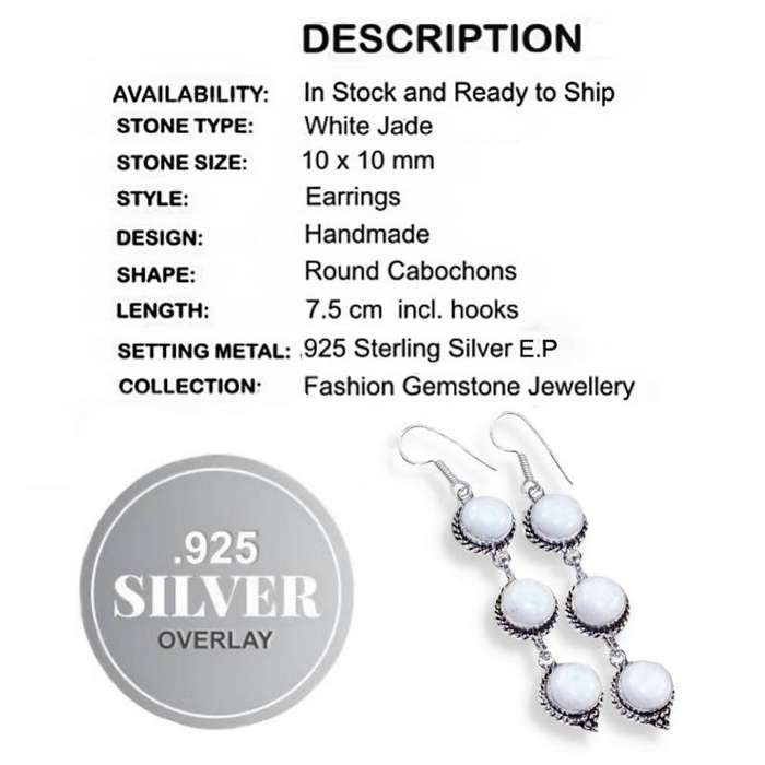 White Jade Round Gemstones set in. 925 Sterling Silver Plated  Handmade Long Earrings