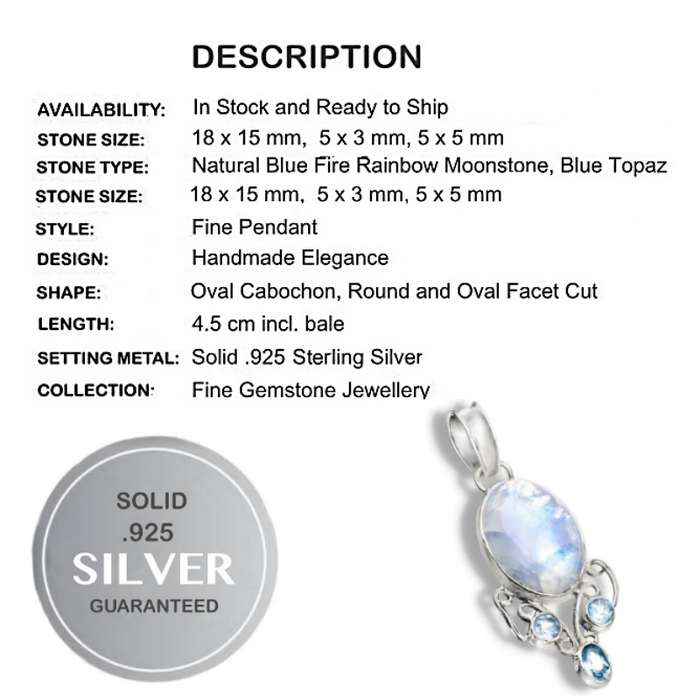 Natural Rainbow Moonstone, Blue Topaz Gemstone set in Solid .925 Sterling Silver Pendant