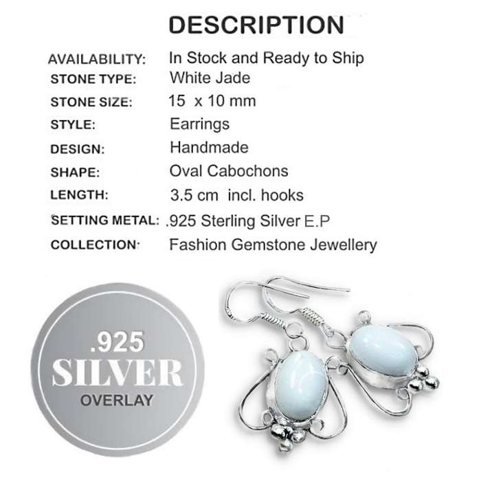 Handmade White Jade set in . 925 Sterling  Silver Plated Long Earrings