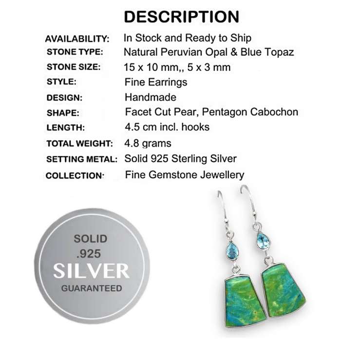 Extremely Rare Genuine Peruvian Blue Opal, Blue Topaz Set in Solid .925 Sterling Silver Earrings