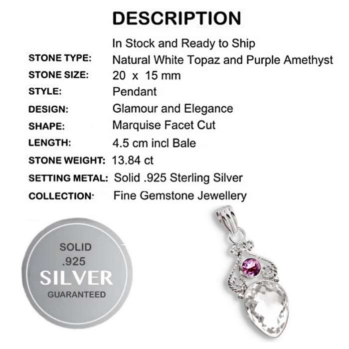 13.84 cts Natural Purple Amethyst and White Topaz set in Solid .925 Sterling Silver Pendant
