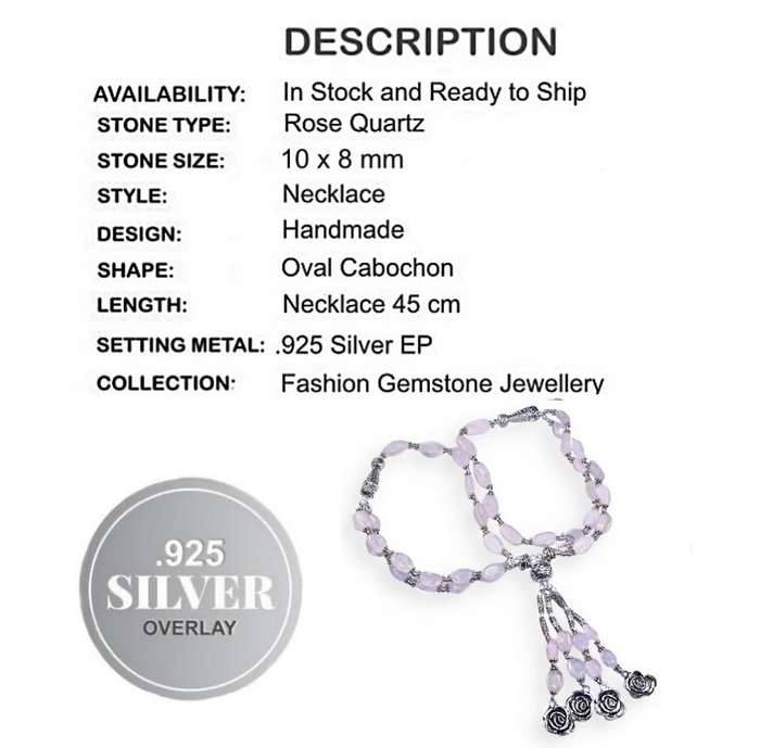 Natural Rose Quartz Oval Gemstone Beads Rose Charms in.925 Sterling Silver Plated Waterfall Necklace