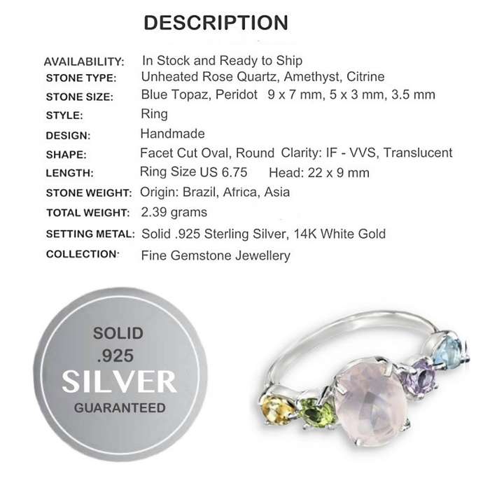 Earth Mined Genuine Stones Rose Quartz, Multi-Gems Solid .925 Sterling Silver Ring Size 6.75 /N1/2-O