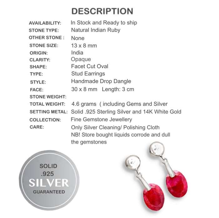 Natural Indian Ruby Oval Gemstone in Solid .925 Sterling Silver Dainty Earrings