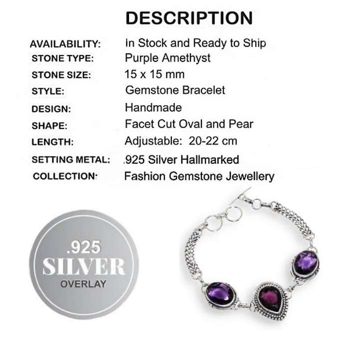 Purple Amethyst Mixed Shapes set in .925 Sterling Silver Plated Handmade Bracelet