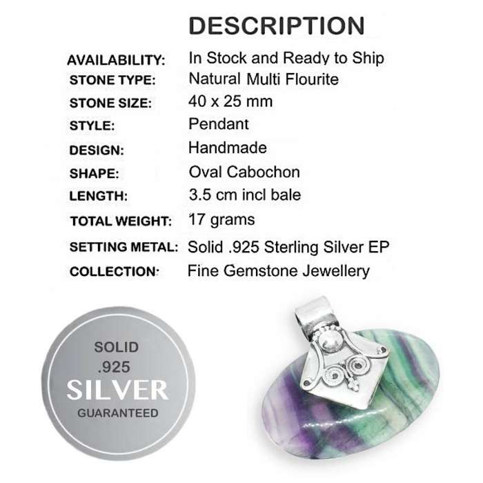 Natural Multi-Fluorite Gemstone  set in Solid .925 Sterling Silver Pendant