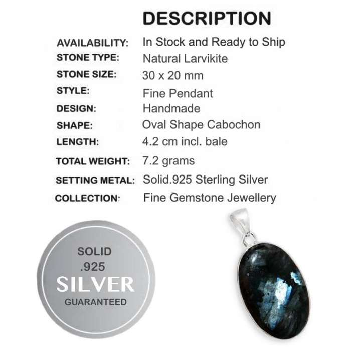 Natural Norwegian Larvikite Oval Gemstone set in Solid .925 Sterling Silver Pendant