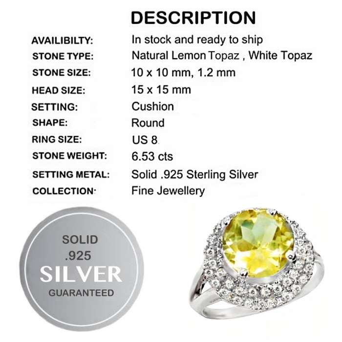 6.53 cts Natural Lemon Topaz and White Topaz set in Solid .925 Sterling Silver Ring Size US 8 / Q