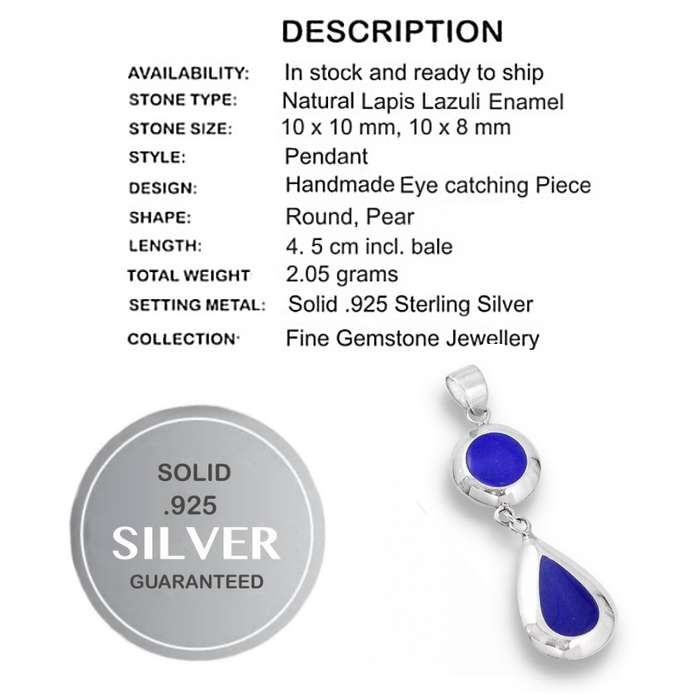 Natural Lapis Lazuli Enameled Gemstone Solid .925 Sterling Silver Dainty Pendant