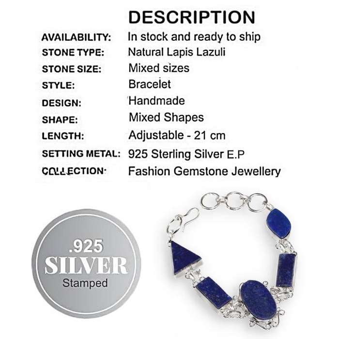 Natural Lapis Lazuli Mixed Shape Gemstones set in .925 Sterling Silver Plated Antique Style Bracelet
