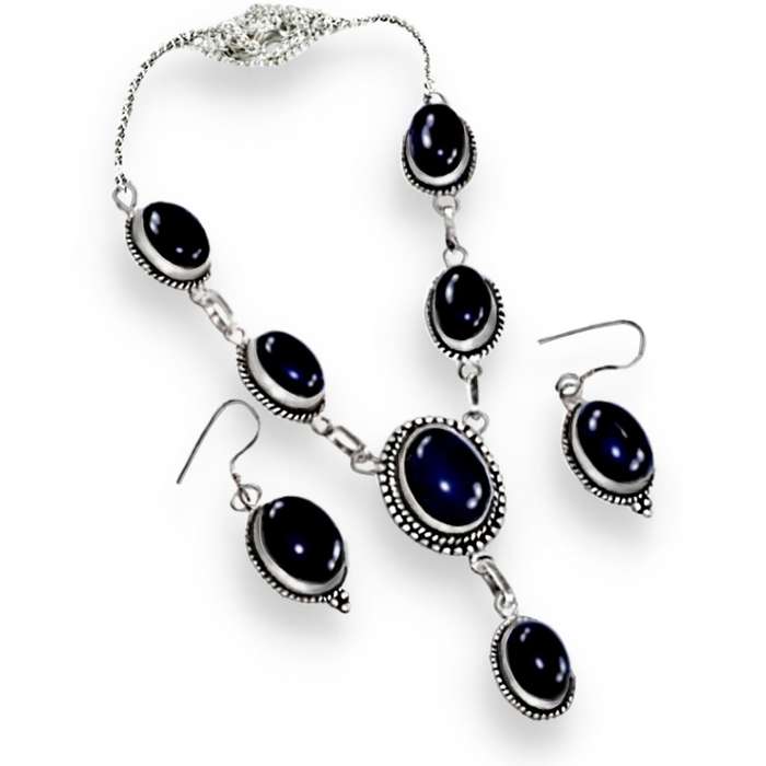 Natural Black Onyx Gemstone set in .925 Sterling Silver Plated  Handmade Necklace and Earrings Set