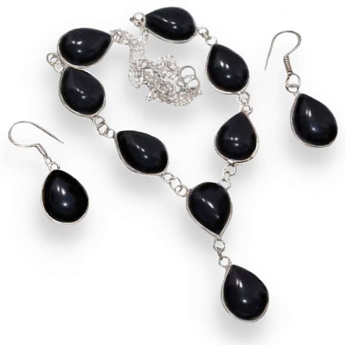 Black Onyx Pear Shape Gemstones set .925 Sterling Silver Plated Handmade Necklace and Earrings Set