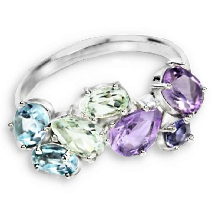 Natural Green/ Purple Amethyst Blue Topaz Gemstones Solid .925 Sterling Silver Ring Size 9 / R1/2