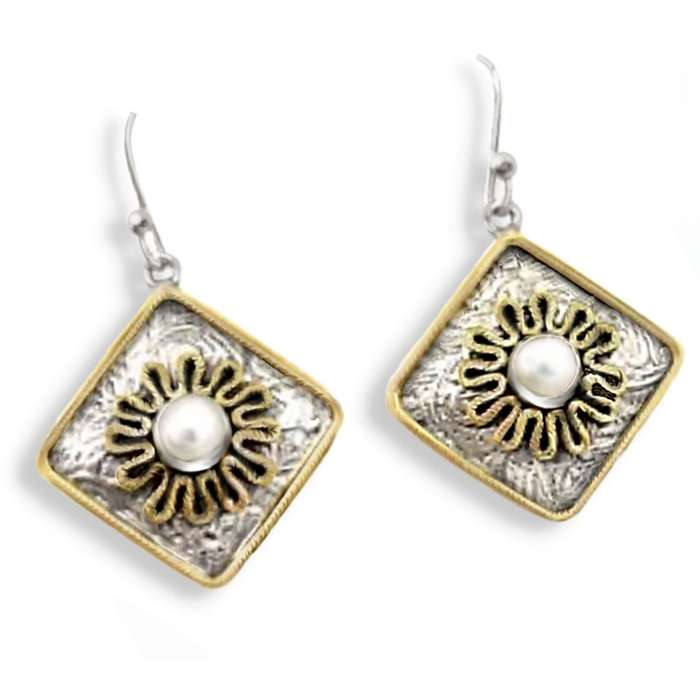 Two Tone 1.84 cts Natural White Pearl set in Solid .925 Sterling Silver Victorian Style Earrings
