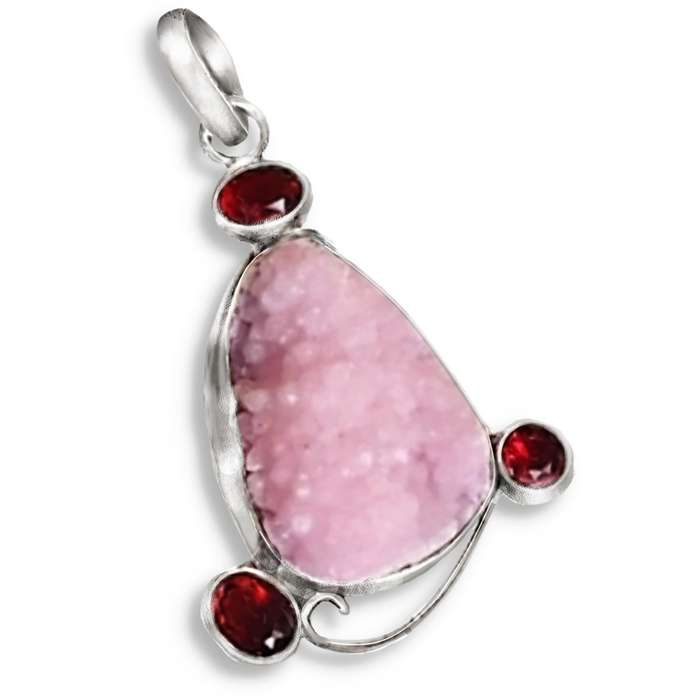 Natural Pink Agate Druzy, Garnet Gemstone set in 925 Sterling Silver Plated Pendant