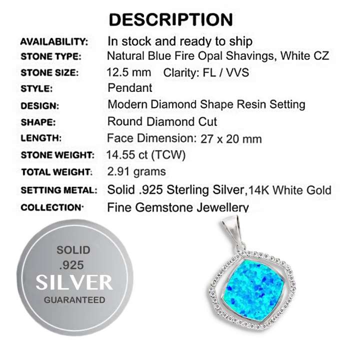 Natural Blue Fire Opal Shavings and White Cubic Zirconia Gemstone set in Solid .925 Sterling Pendant