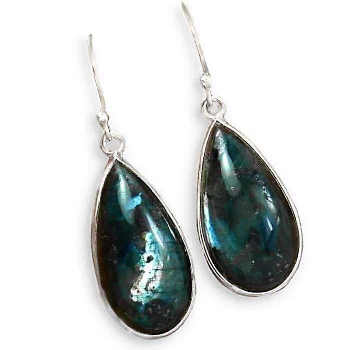 Natural Norwegian Larvikite Pear Shape Gemstone set in Solid .925 Sterling Silver Earrings