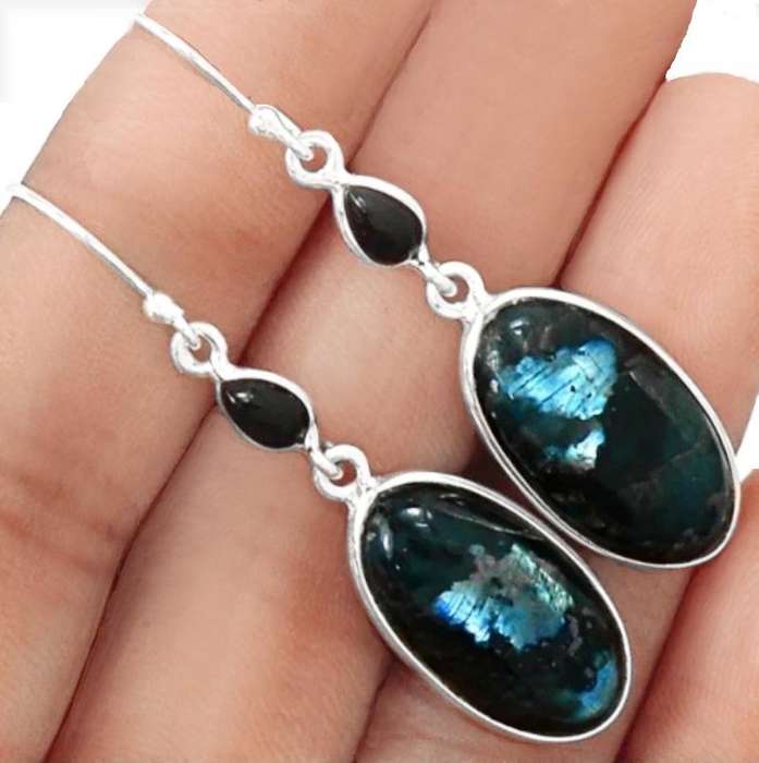 Natural Norwegian Larvikite -Black Moonstone, Black Onyx in Solid .925 Sterling Silver Earrings