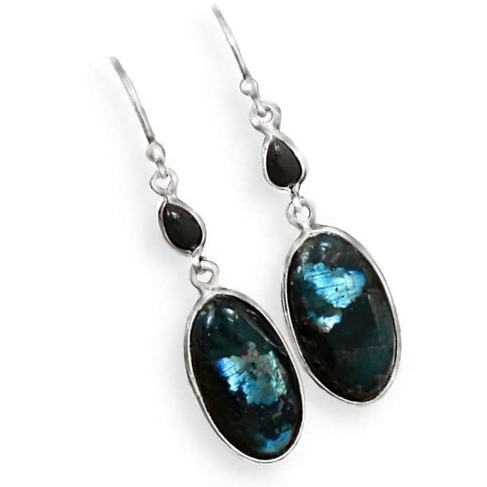 Natural Norwegian Larvikite -Black Moonstone, Black Onyx in Solid .925 Sterling Silver Earrings