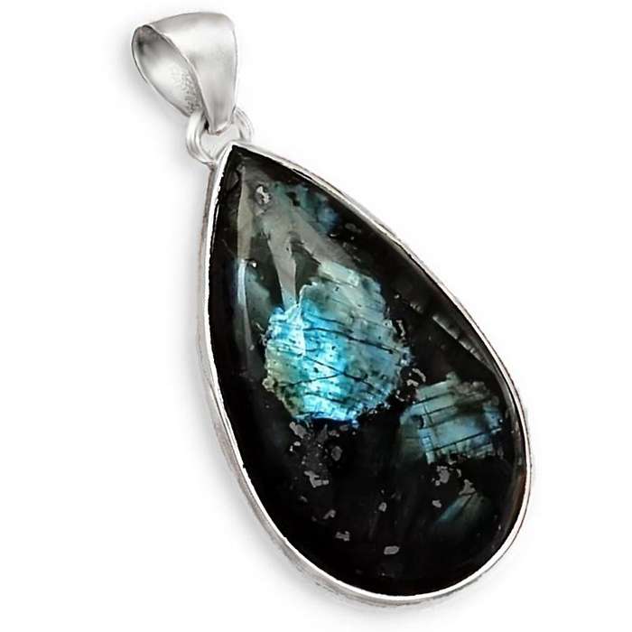 Natural Norwegian Larvikite Pear Shape Gemstone set in Solid .925 Sterling Silver Earrings