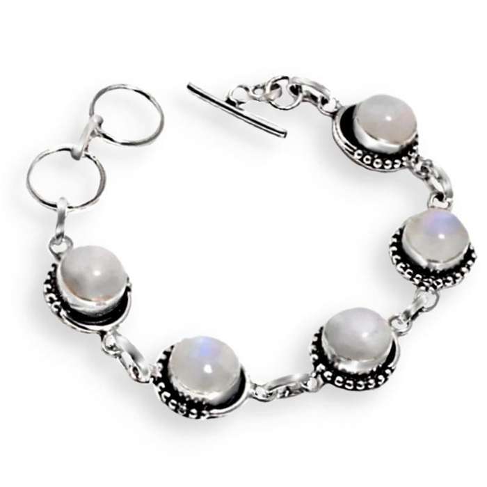 Natural Rainbow Moonstone Round Gemstones set in .925 Sterling Silver Plated Handmade Bracelet