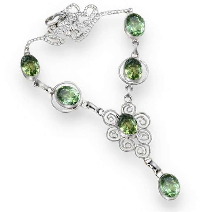 Green Amethyst Ovals set in .925 Sterling Silver Plated Handmade Necklace