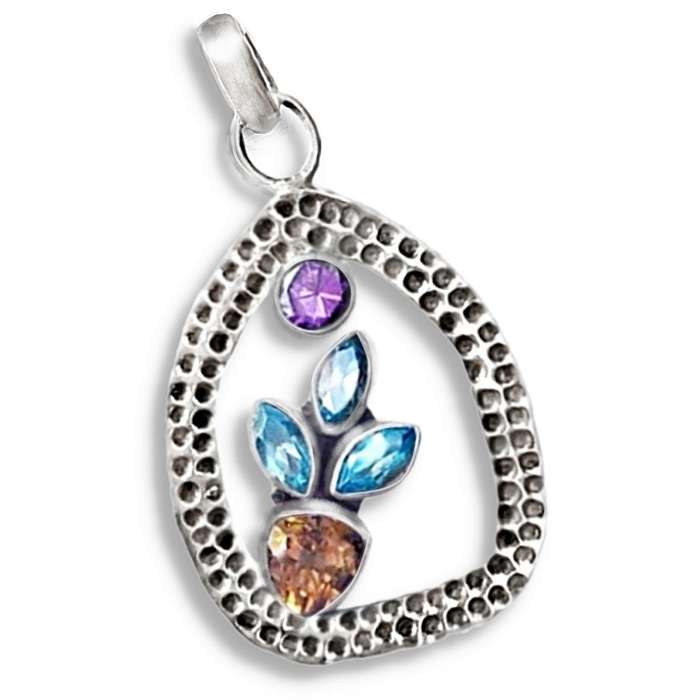 Natural Citrine Blue Topaz and Amethyst Gemstones set in Hammered Solid .925 Sterling Silver Pendant
