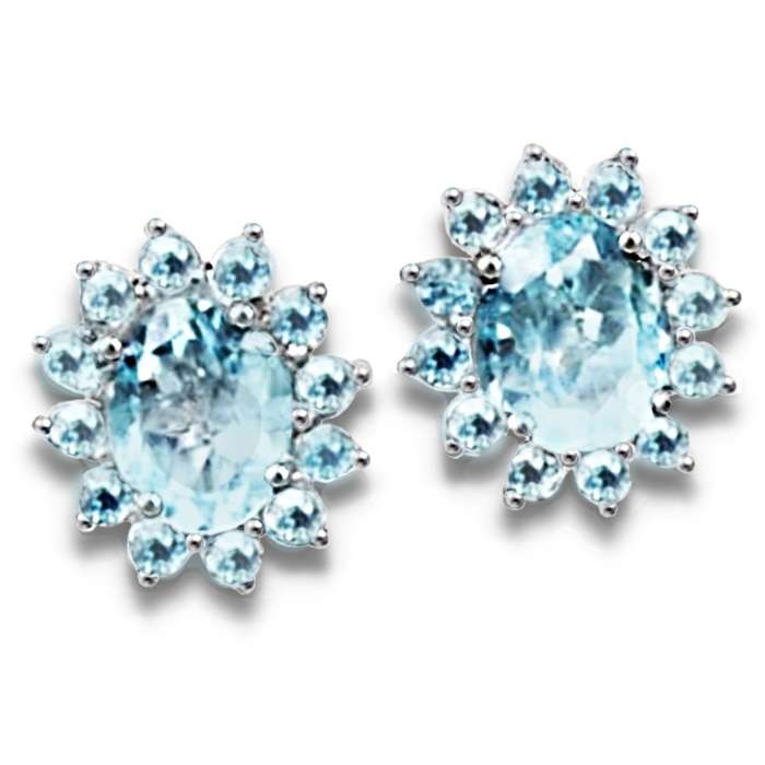 8 x 6 mm Natural Top Sky Blue Topaz Gemstones  set in .925 Sterling Silver 14K W/Gold Stud Earrings