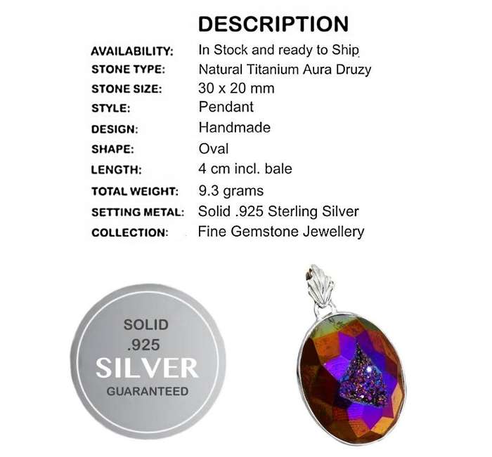 Natural Titanium Aura Druzy set in Solid 925 Sterling Silver Pendant
