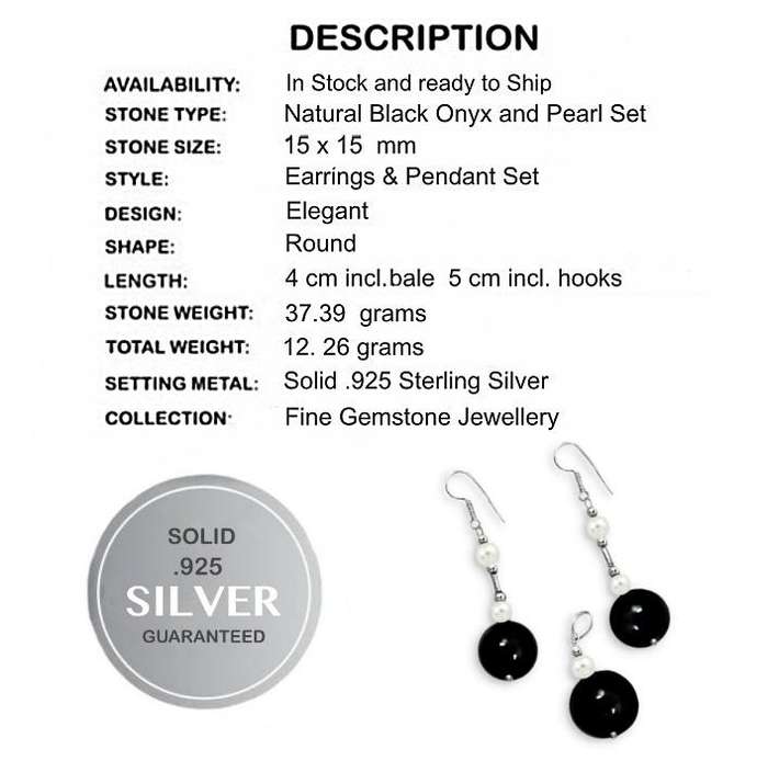 Natural Round Black Onyx,White Pearl set in Solid 925 Sterling Silver Pendant & Earrings Set