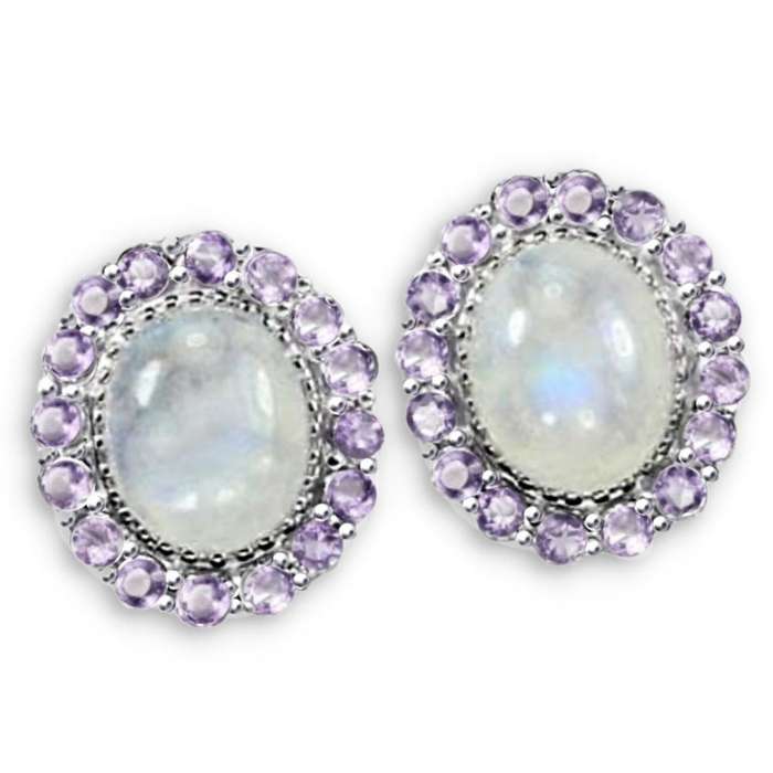 Deluxe Natural Blue Schiller Moonstone, Purple Amethyst Gemstone Solid .925 Silver 14K White Gold Ea