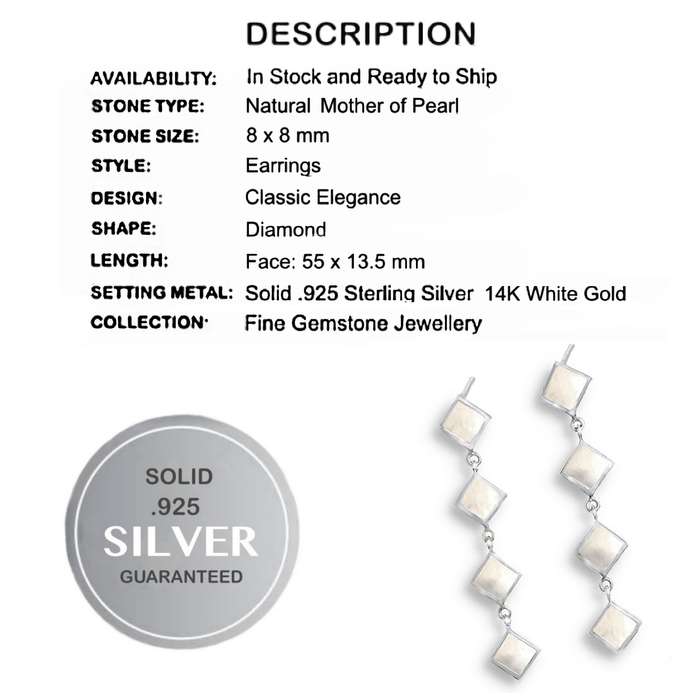 Natural Mother of Pearl Squares set in Solid. 925 Sterling Silver Elegant Stud Earrings